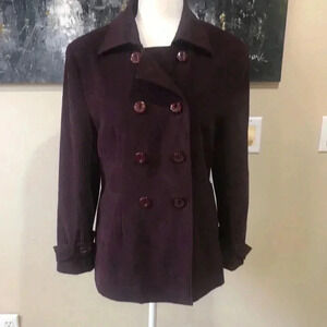 Burgundy Faux Suede Double Breasted Retro Padded Shoulder Pea Coat w/Pockets-L